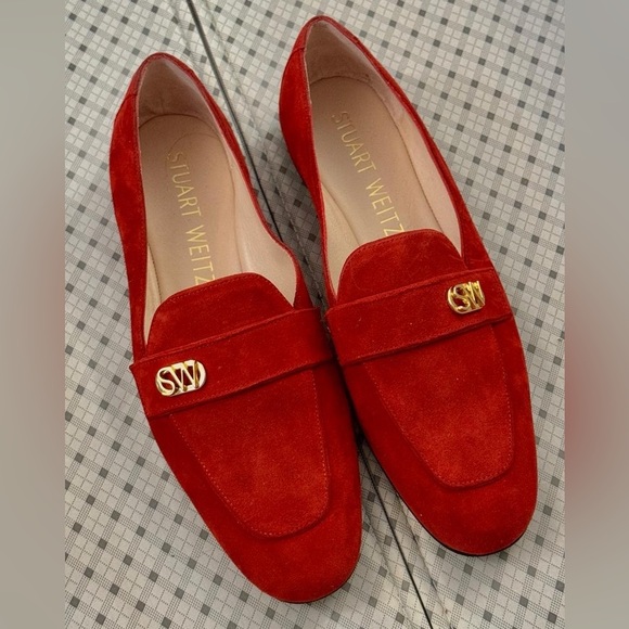 Stuart Weitzman Shoes - Stuart Weitzman Red Suede Loafers with Gold SW Accent